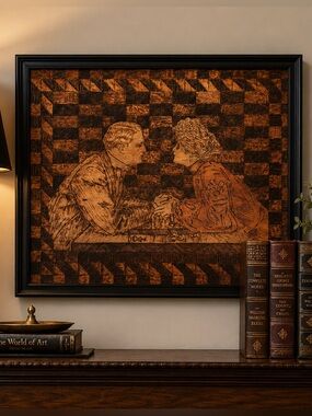Handcrafted Pyrography Romantic Couple Chess Wall Art Solid Wood Framed vintage